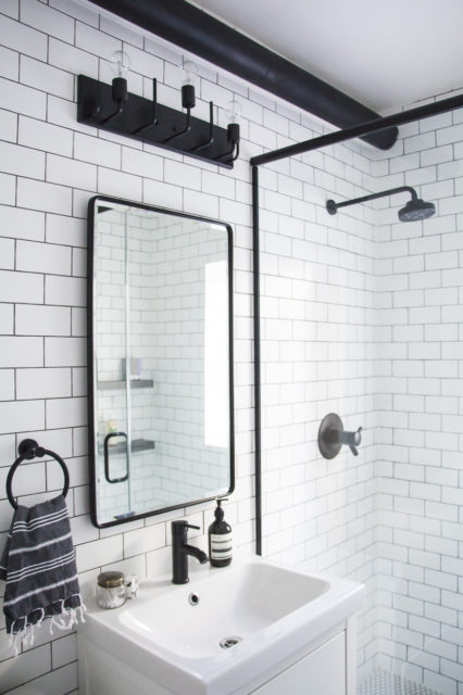 modern bathroom, black and white bathroom makeover, a bathroom with a modern mix